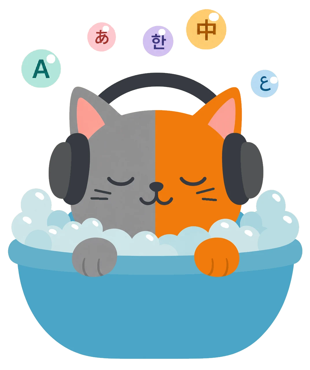 Meow listening to languages in a bubble bath