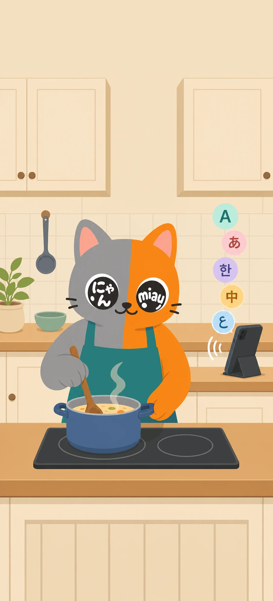 Meow listening to languages while cooking