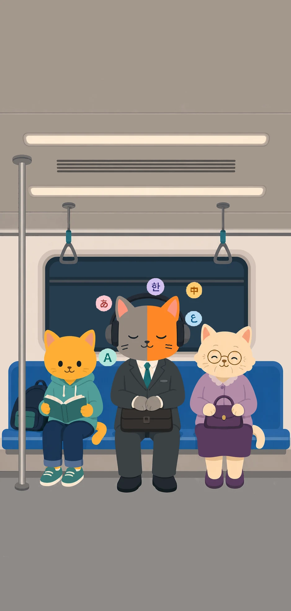 Meow listening to languages on the subway