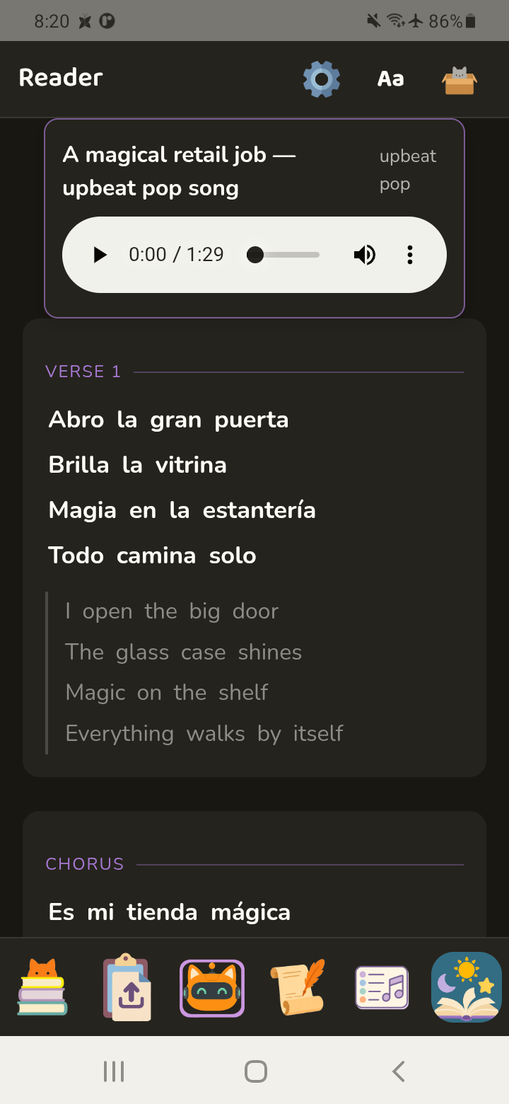 A bilingual song player in Meowti-lingual with Spanish and English lyrics