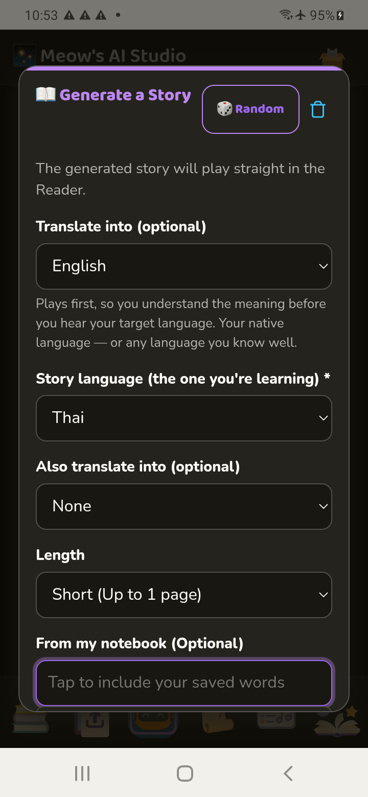 The AI Story Studio with language and length choices