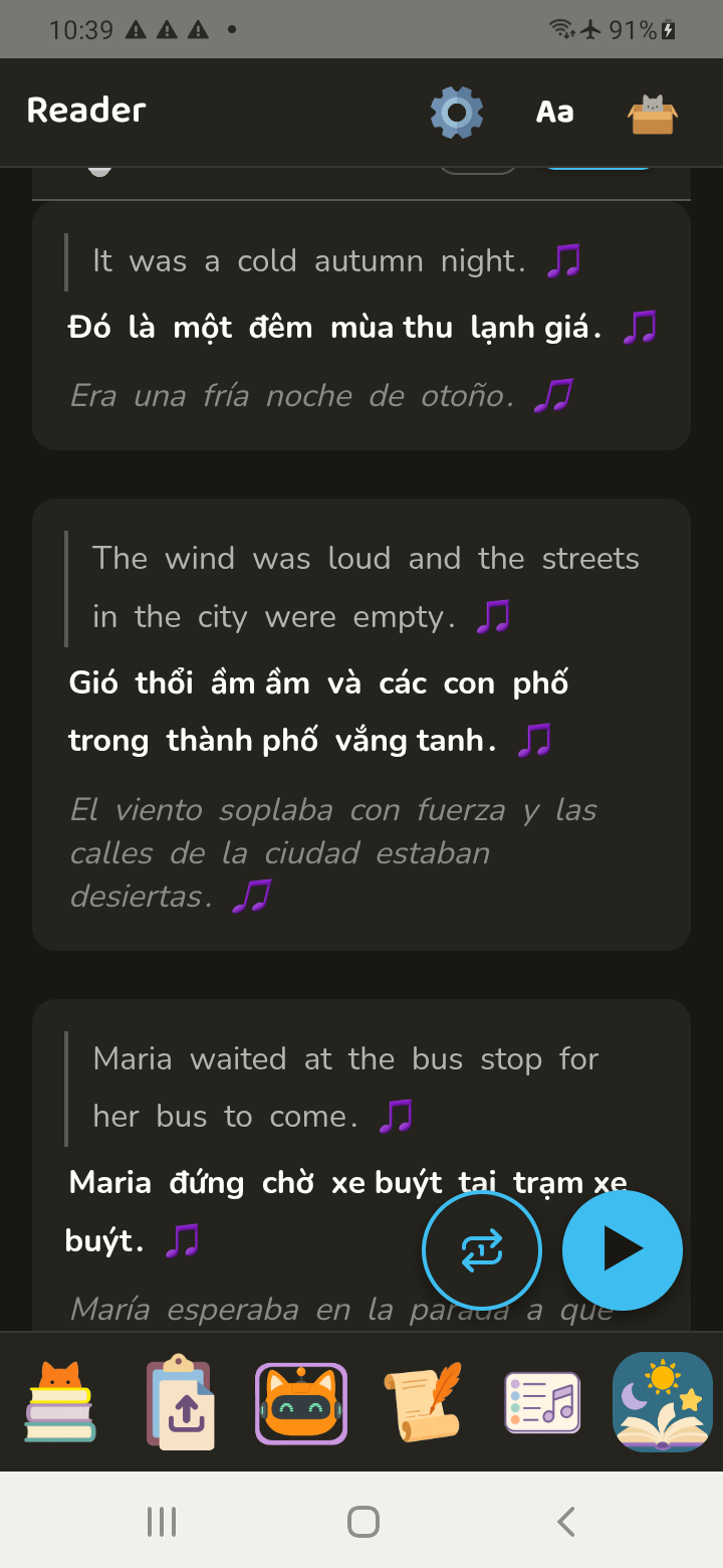 The three language tracks aligned in the reader