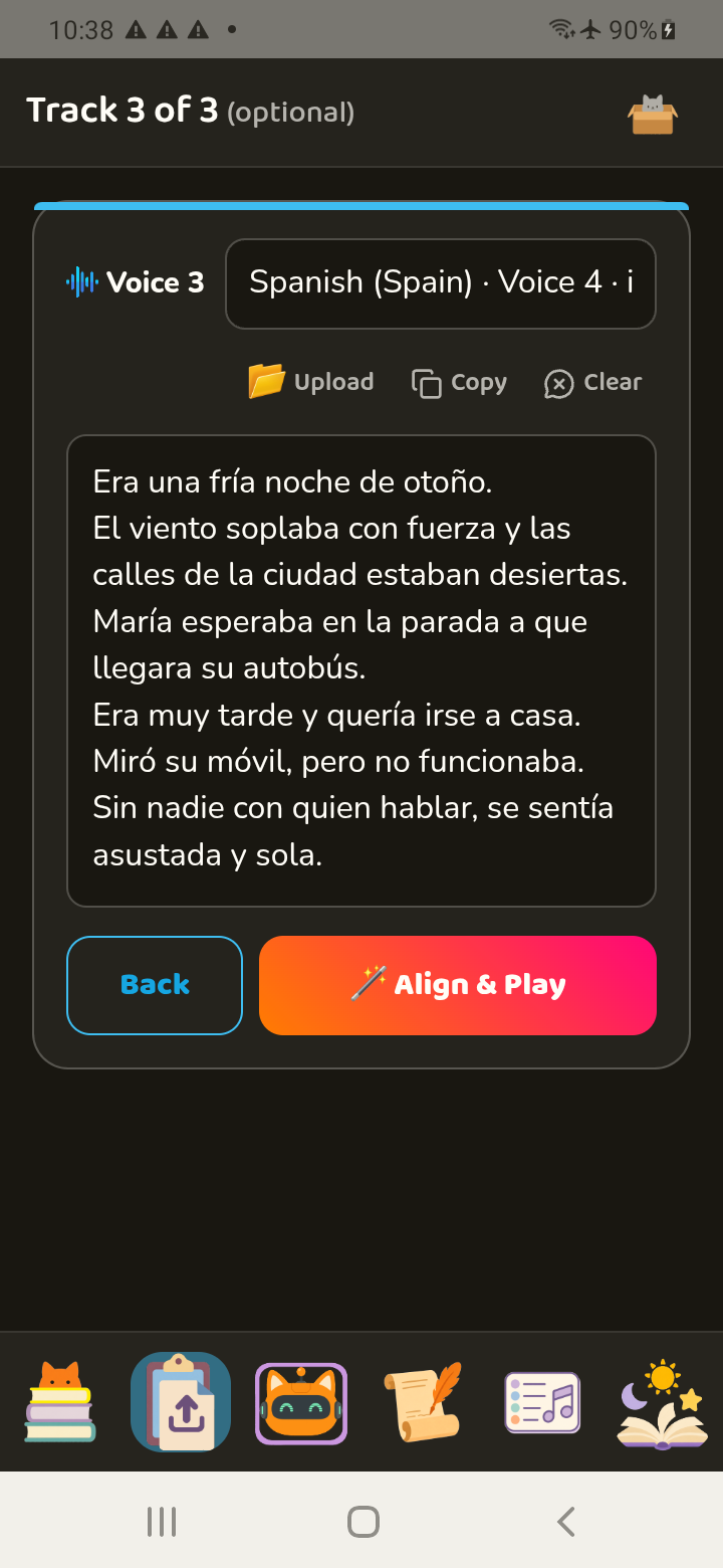 Spanish text entered as an optional third reader track