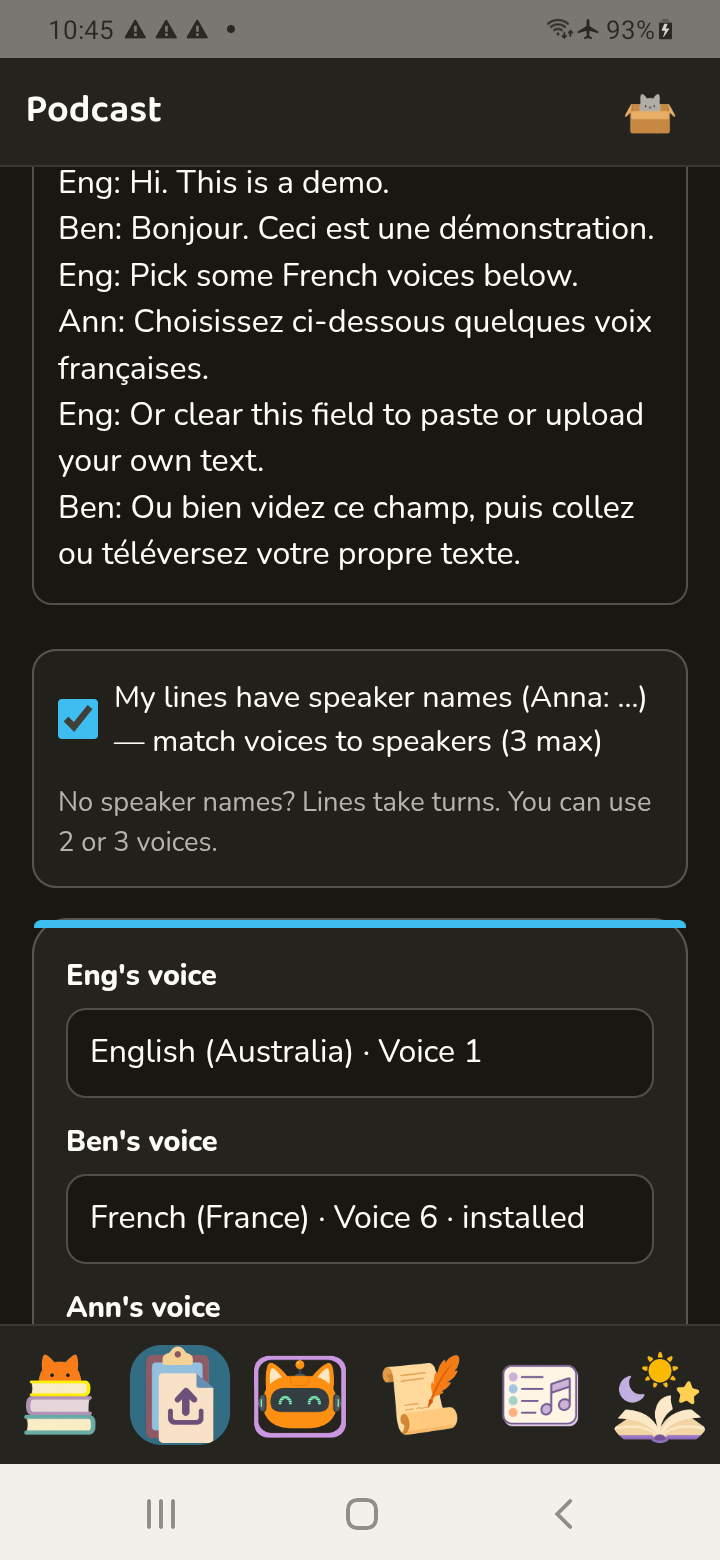 A bilingual two-person conversation pasted into Meowti-lingual