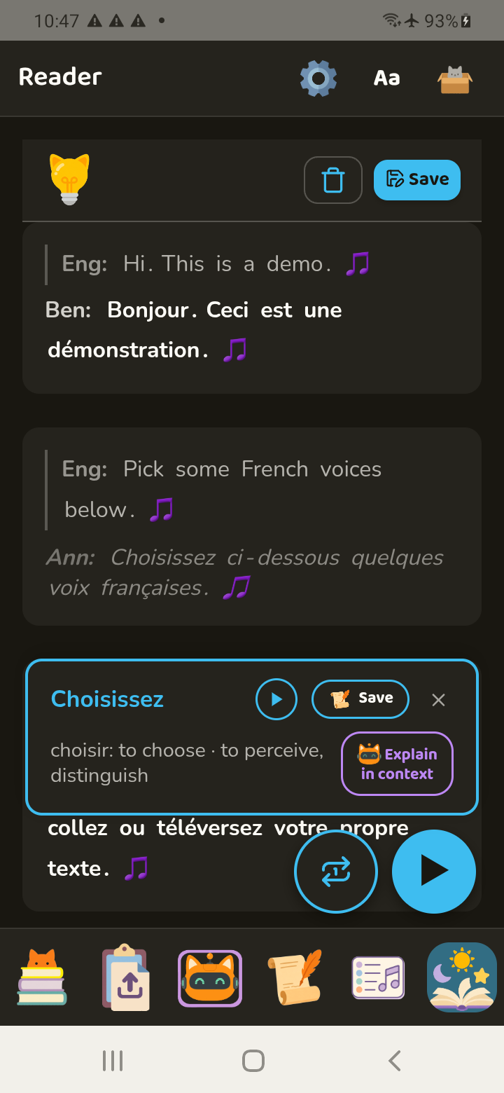 The conversation arranged in the reader with separate speaker voices